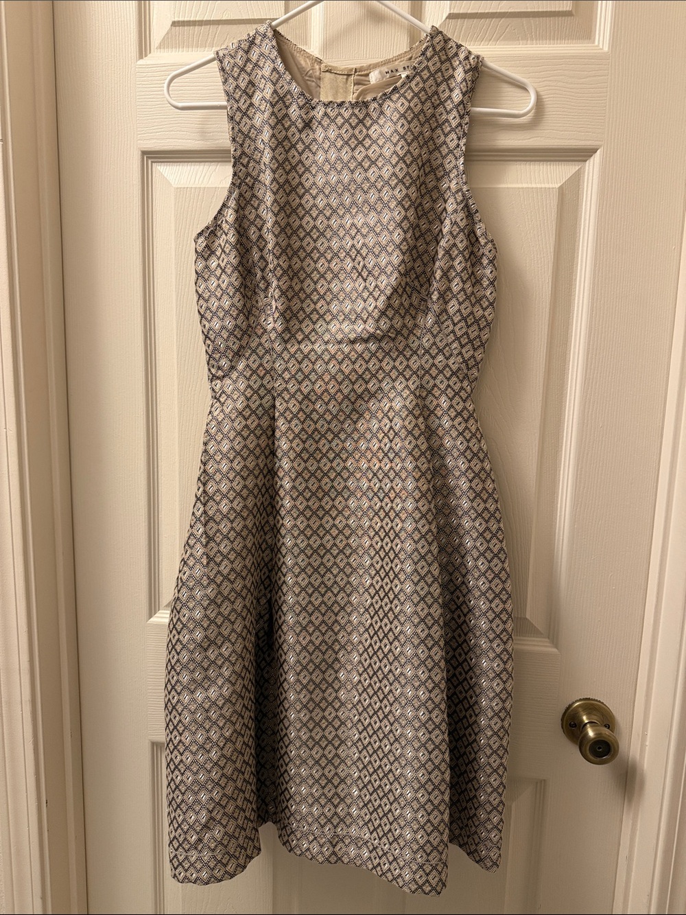 Max Studio Beige and Navy Diamond-Print Sleeveless Fit-and-Flare Dress